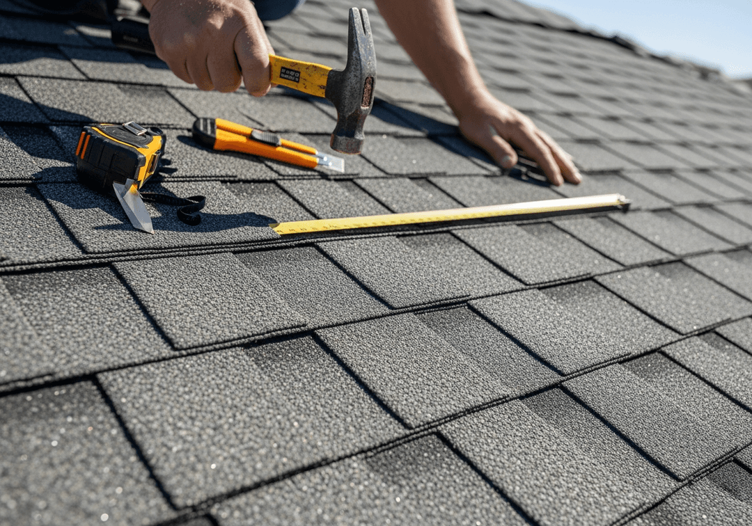 Professional asphalt shingle roof installation - dimensional shingles being installed by expert roofers