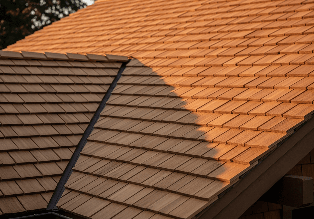 Natural cedar shake shingle roof on craftsman style home showing warm wood tones with beautiful grain texture