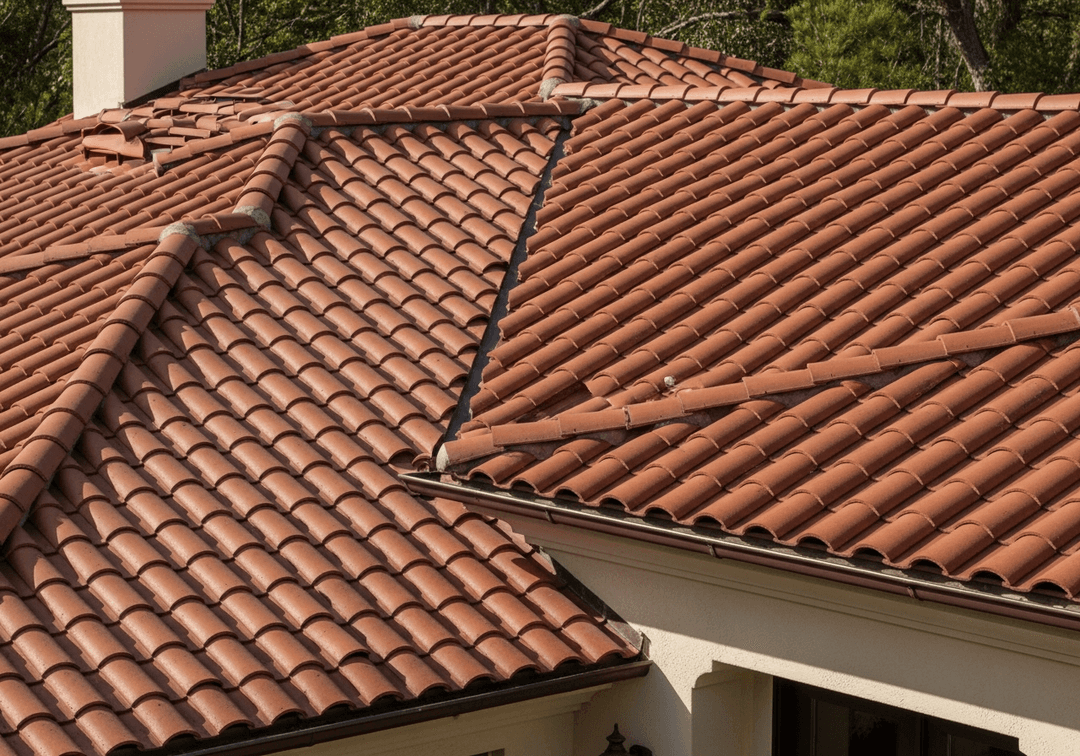 Elegant Spanish clay tile roof on Mediterranean style home - terracotta barrel tiles with beautiful texture