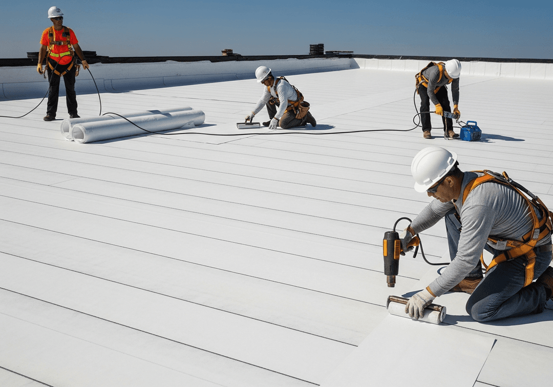 Professional TPO flat roof installation - white membrane roofing being applied by certified installers